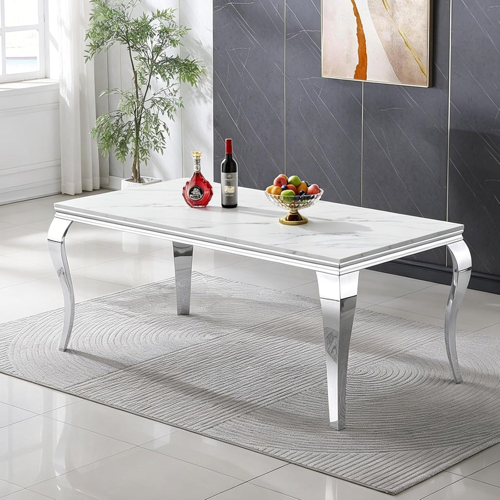 Luxury Marble Dining Table Rectangular 68" Faux Marble Kitchen Table with Silver Mirrored Stainless Steel Legs, White