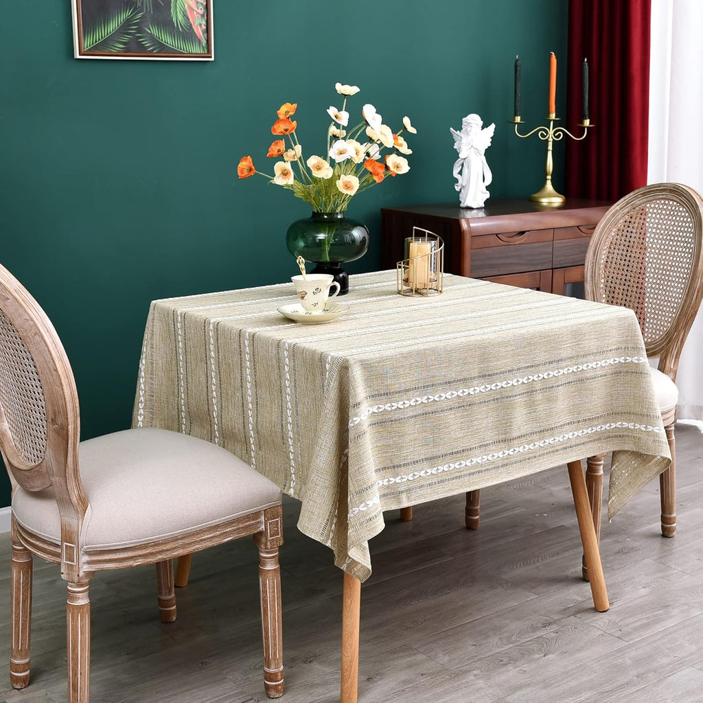 Rustic Farmhouse Embroidered Square Tablecloth Jacquard Striped Table Cloth Linen Texture Washable D