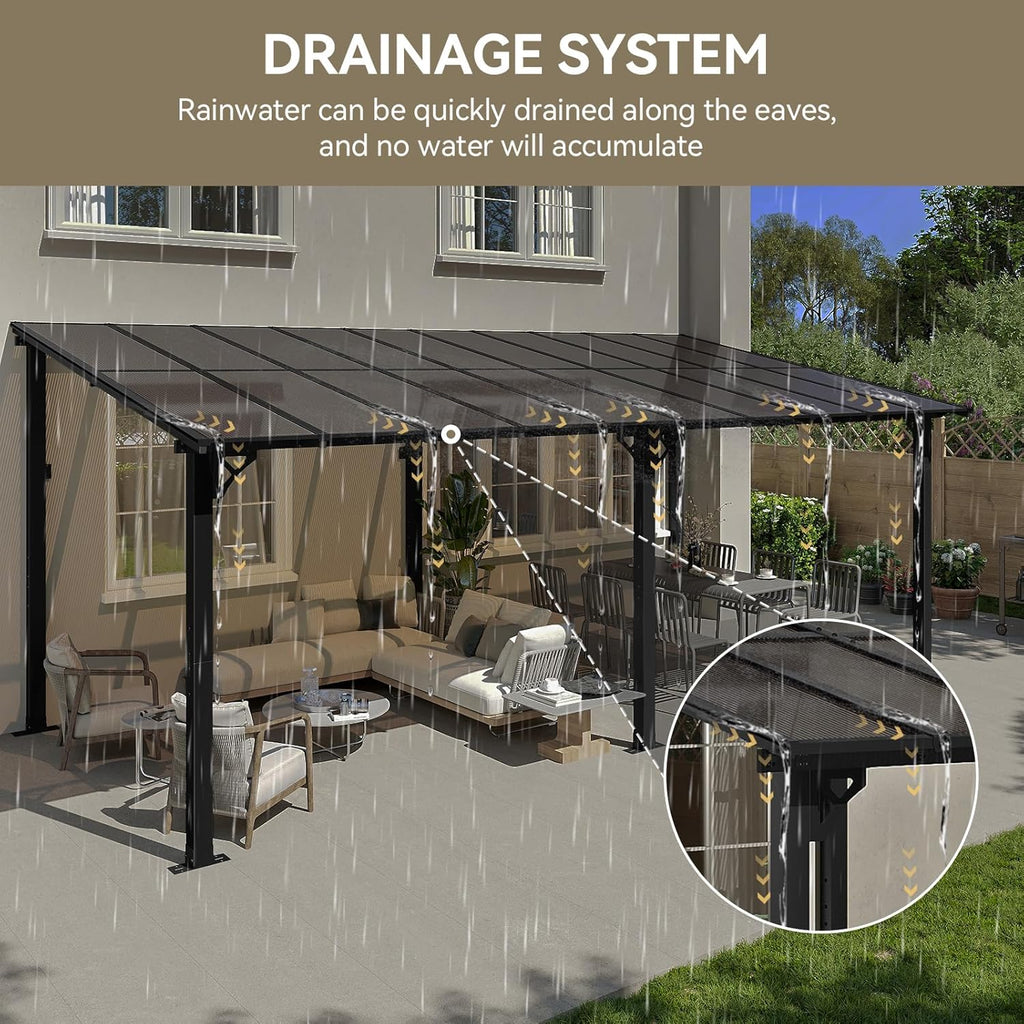 20' x 10' Gazebo Gazebo Pergola with Sloped Roof, Large Wall-Mounted Heavy Duty Awnings (Black)