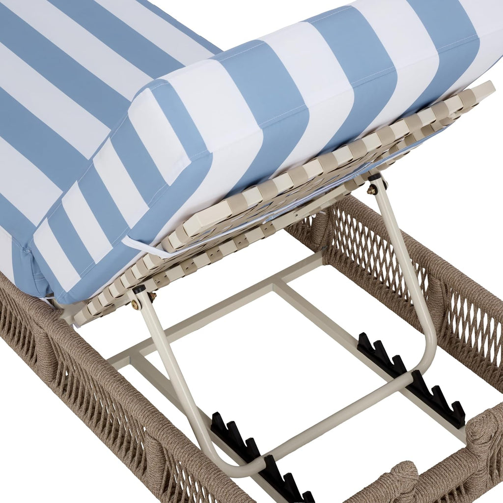 Outdoor Chaise Lounge Chair - Heather Tan & Baby Blue Stripe - Steel and Woven Rope - Adjustable 5-Position