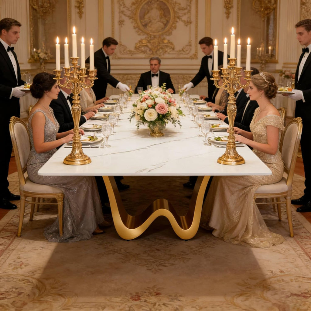 78.74" Sintered Stone Dining Table for 6-8, Modern Luxury White & Gold Rectangle Kitchen Table with Stone Slate