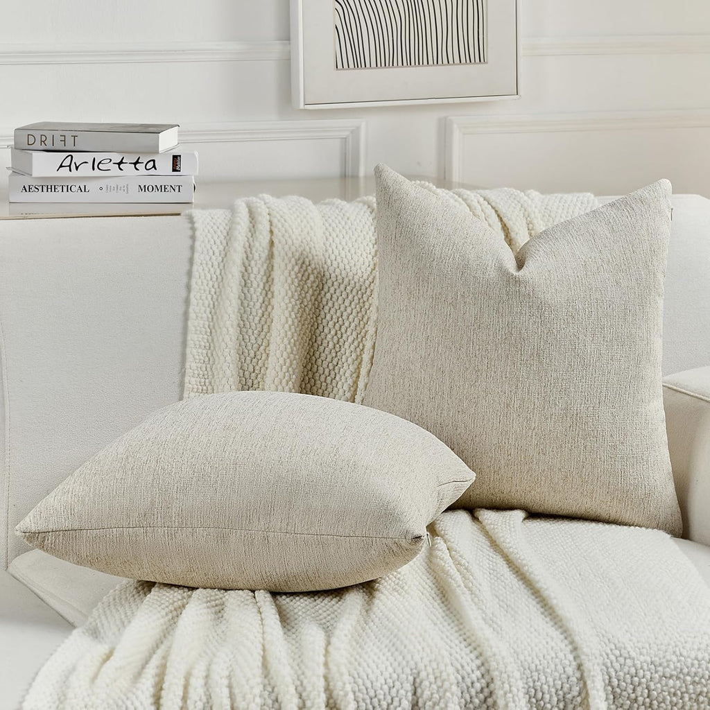 Pack of 2 Chenille Decorative Throw Pillow Covers 18x18 Inch,Soft Cozy Faux Linen Textured Cushion Case,Farmhouse