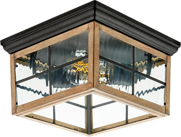 Outdoor Flush Mount Ceiling Light Fixture, Wood Grain, 2-Light | Water Glass, Square Farmhouse, Porch or Patio Light