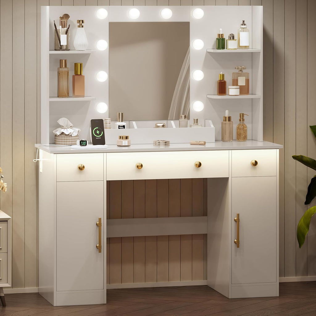 Vanity Desk with Mirror and Lights, Makeup Vanity with Mirror and LED Lights & Power Outlet, 3 Drawers and Cabinets