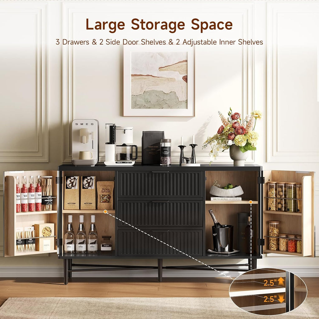 Kitchen Buffet Cabinet with Dual Door Shelves & 3 Drawers, Fluted Sideboard | Large Credenza Storage Cabinets Wood