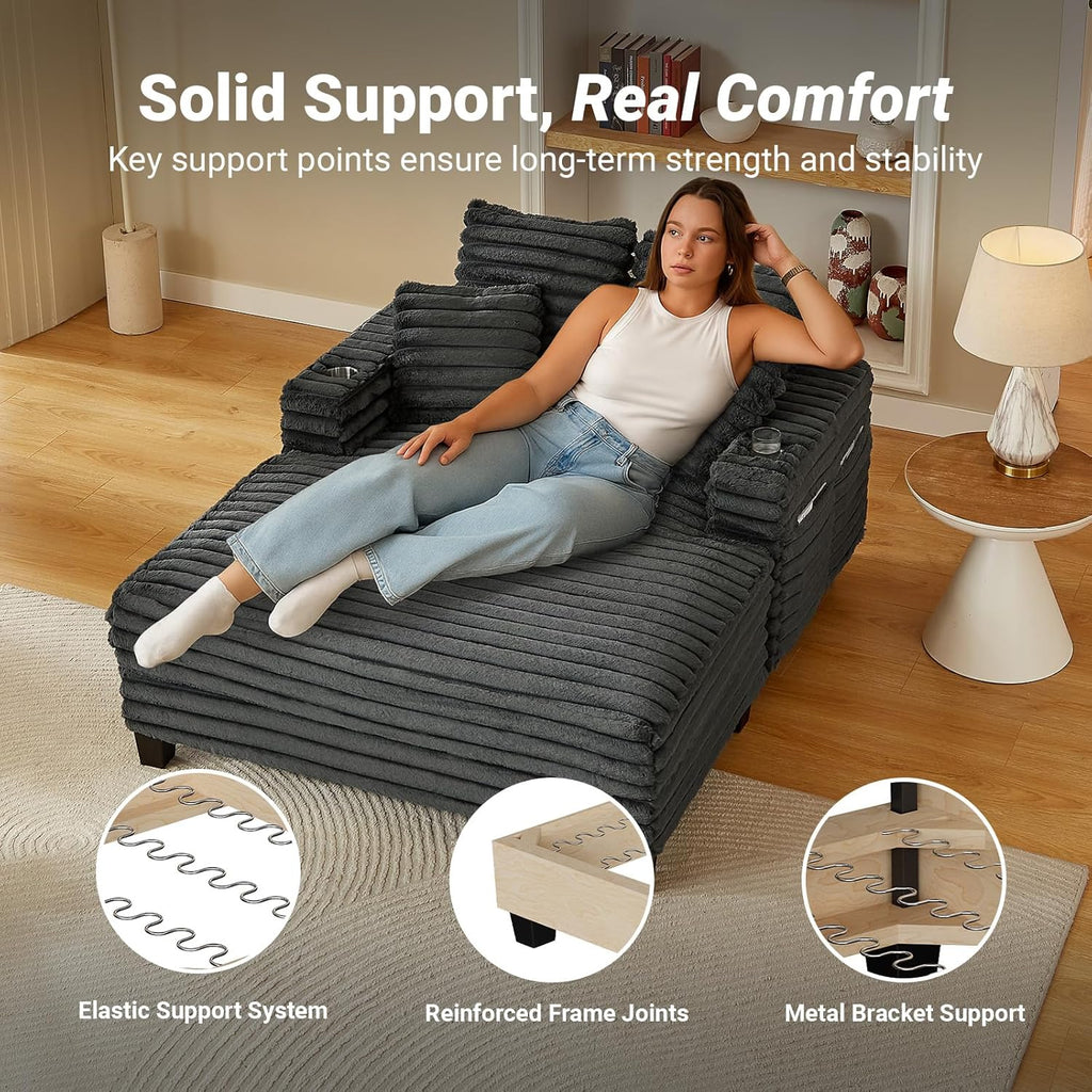 64" Oversized Chaise Lounge Chair with Wood Frame, 2 Cup Holders | 4 Storage Pockets, Plush Corduroy Fabric