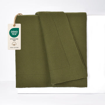 Premium 100% Cotton Knit Throw Blanket for Couch, Soft & Breathable, Oeko-TEX Certified, 50 x 60 Inches, Olive Green