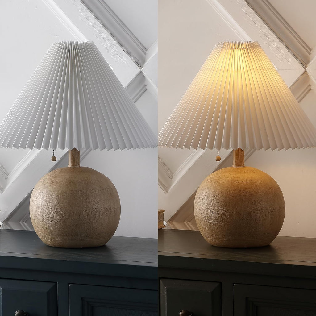 17.25" Beige Wood Finish/White Sphere Table Lamp, Mid-Century Bedside Nightstand with Beige Pleated Linen Shade