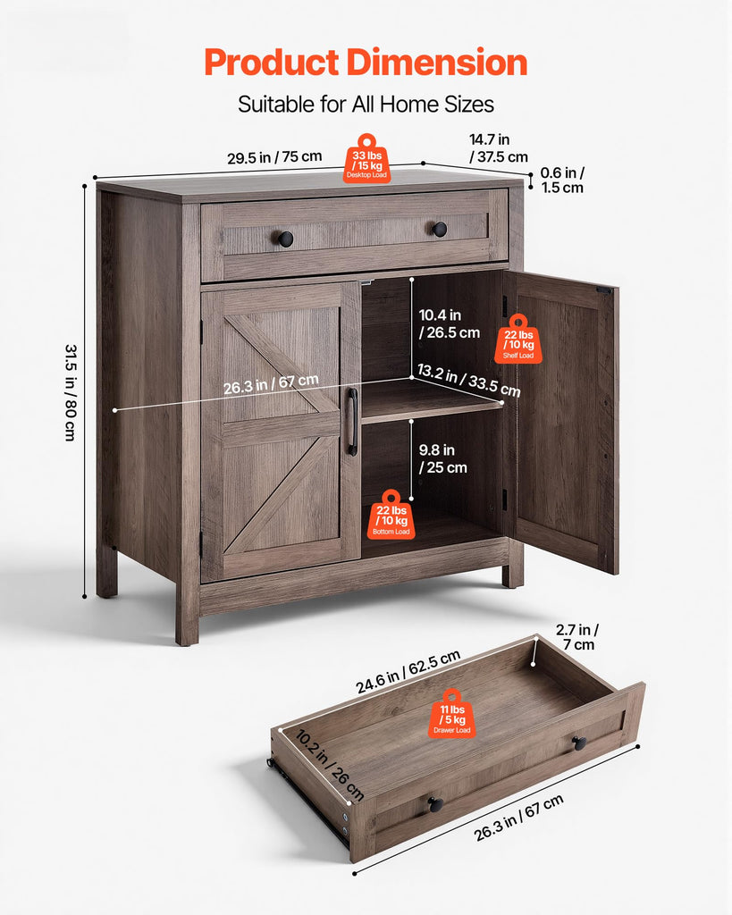 Buffet Cabinet, Farmhouse Sideboard Cabinet with Drawer, 30" Coffee Bar Cabinet with Adjustable Shelves & 2 Barn