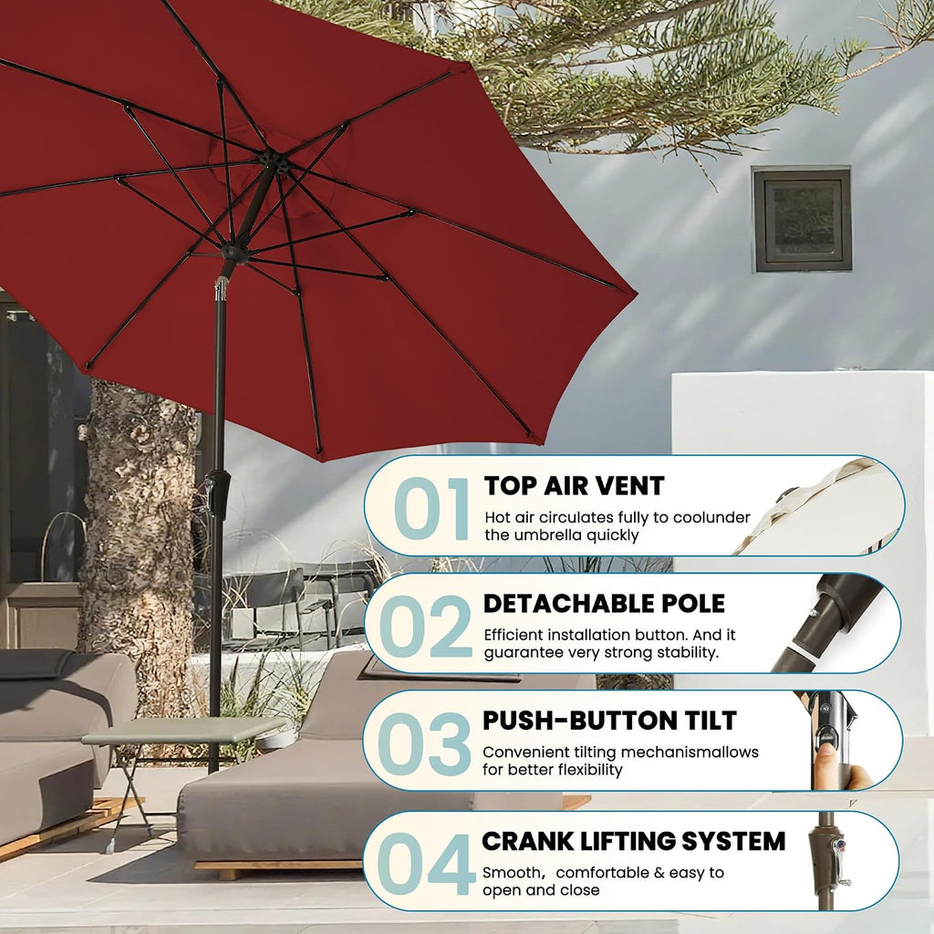 9FT Large Outdoor Patio Umbrella Pool Market Umbrella-UV Resistant, Easy Push Button Tilt and Crank - Red