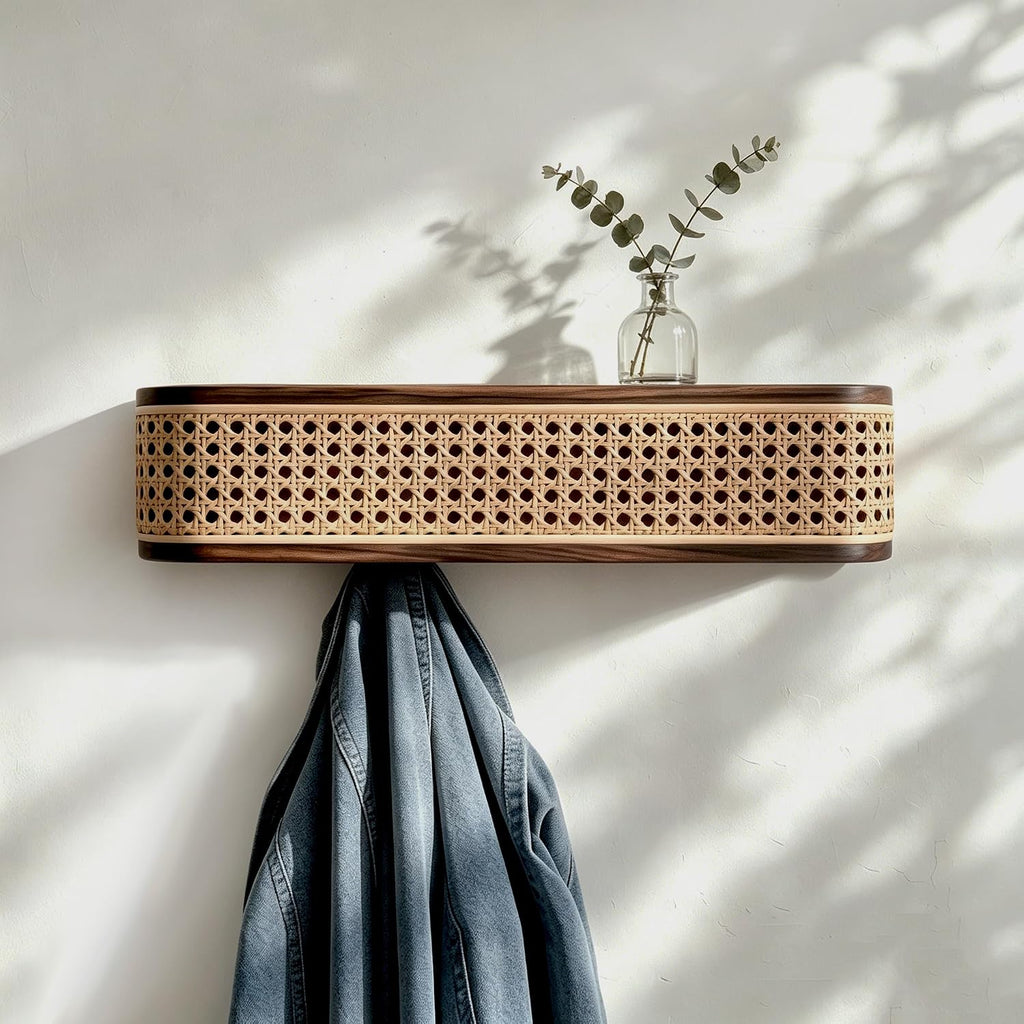 Solid North American Black Walnut Wall Coat Rack with Shelf | Modern wooden entryway wall mount coat rack with rattan