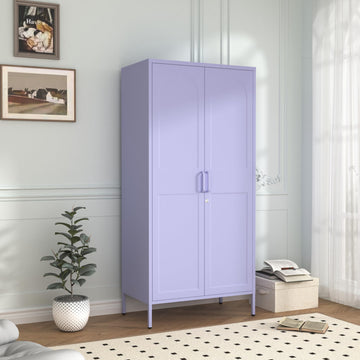 Lockable Closet Metal Wardrobe 67" Purple 2 Door Wardrobe Bedroom Storage Cabinet Adjustable shelf Multi functional