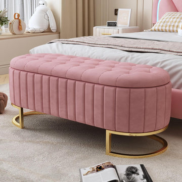 Elegant Upholstered Velvet Storage Ottoman with Button-Tufted, Storage Bench with Metal Legs , Fully Assembled Except