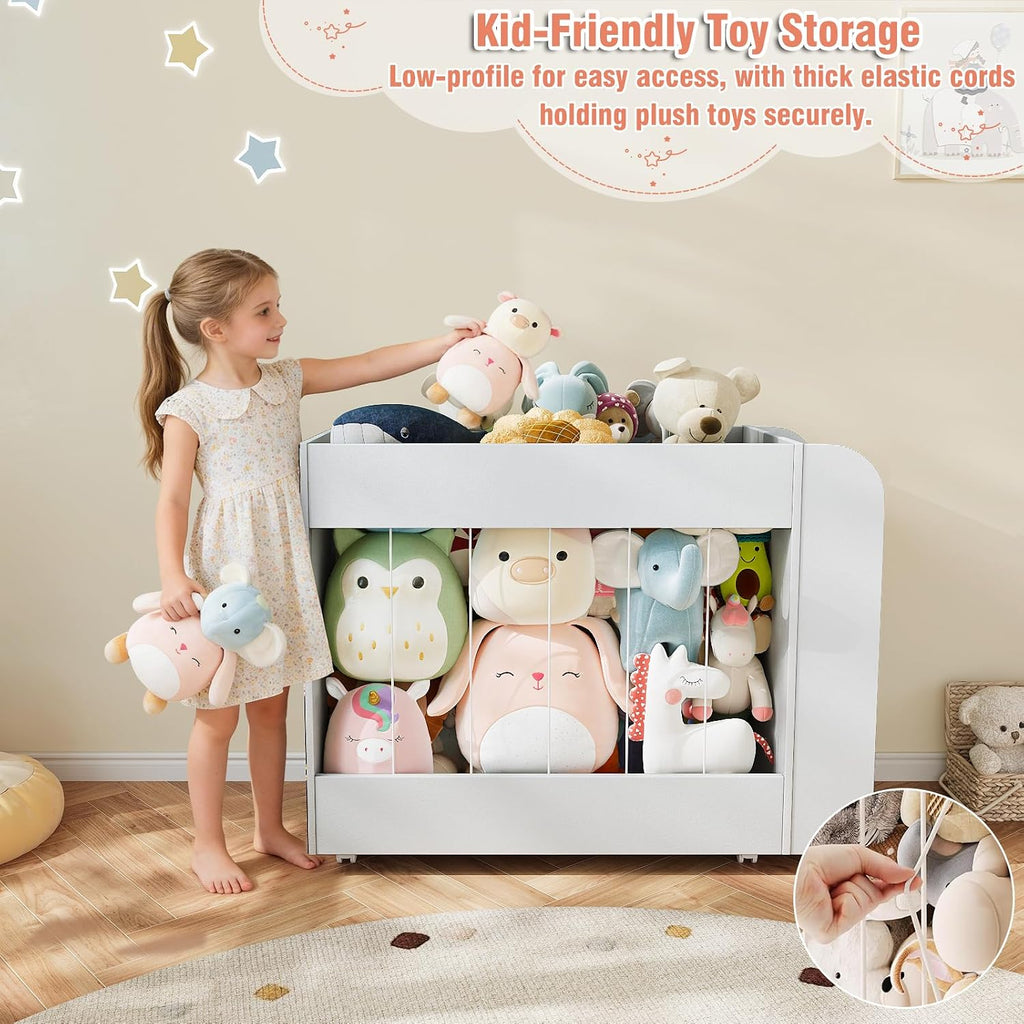 3-in-1 Toy Storage Box with Bookshelf and Chalkboard, Large Stuffed Animal Toy Chest on Wheels, Kids Toy Storage