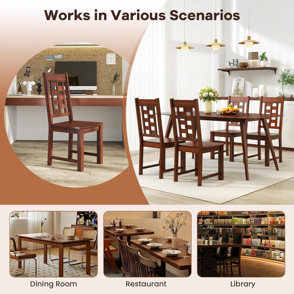 Set of 4 Dining Chairs, High Lattice Back Solid Wood Chair, Mid-Century Modern 4 Kitchen Chairs with Max Load 400 Lbs