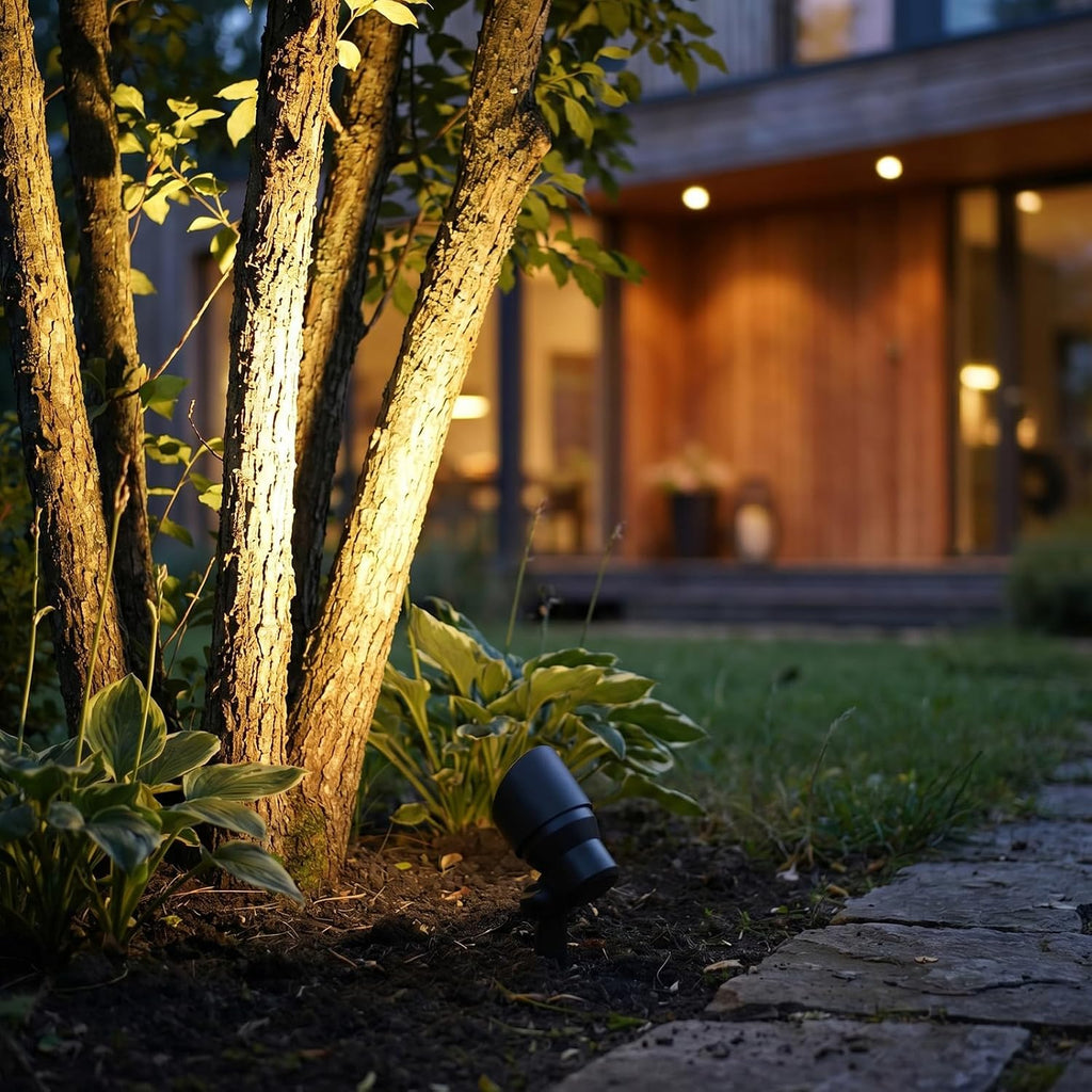 12V LED Outdoor Landscape Spotlights Black 2 Pack | 3W 200LM 3000K replaceable MR11 LED bulb black metal spotlight