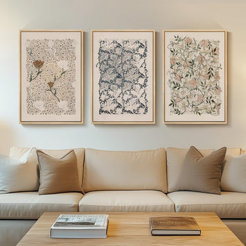Framed Large William Morris Canvas Wall Art Set of 3, Vintage Nature Floral Artwork Prints, Boho Neutral Botanical