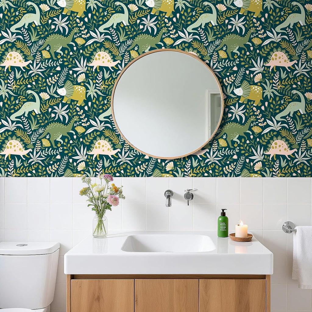 17.5"x275" Floral Dinosaur Peel and Stick Wallpaper Kids Boy Nursery Wallpaper Green Woodland Animal Wall Paper Peel
