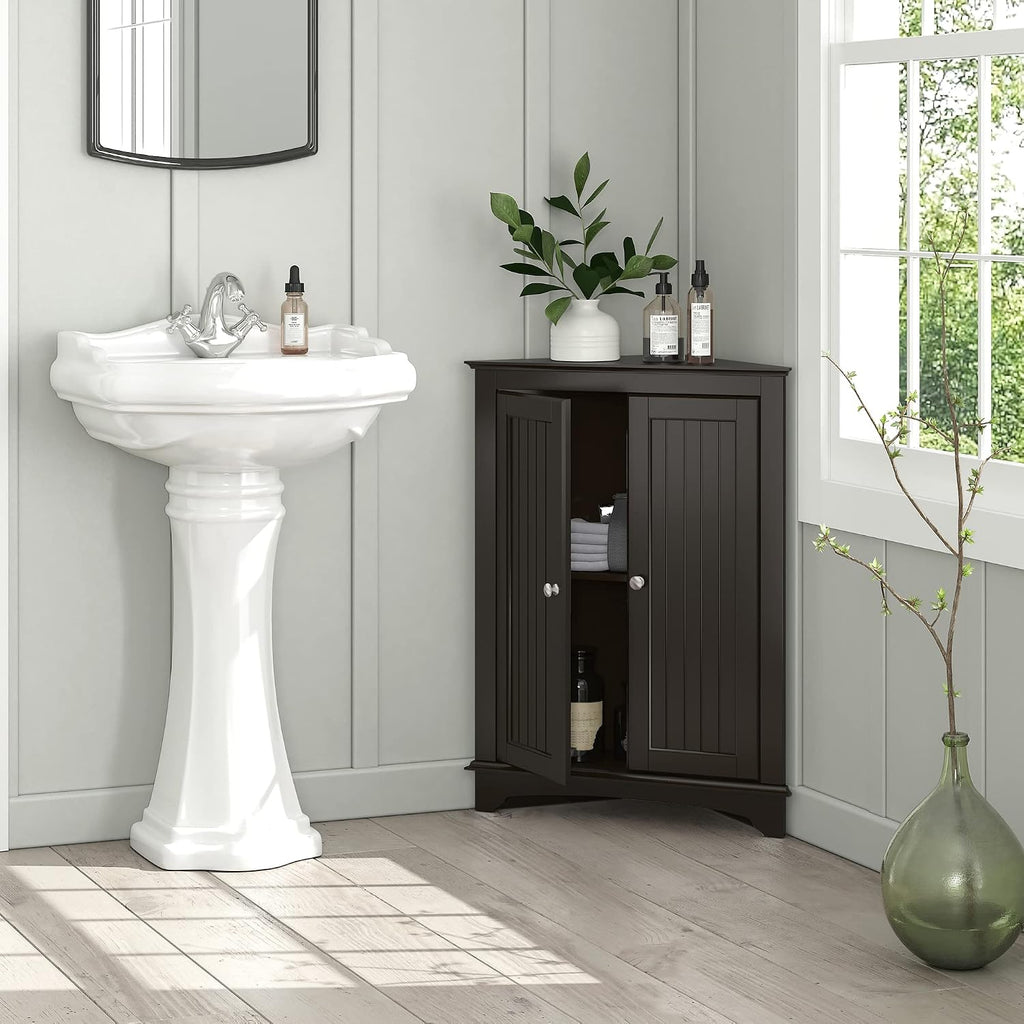 Floor Corner Cabinet with Two Doors and Shelves, Free-Standing Corner Storage Cabinets , Espresso | Space-Saving