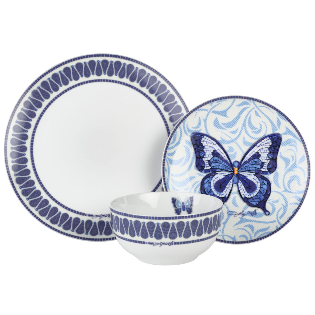 12 Piece Jeweled Mosaic Blue Butterfly Dinnerware Set Porcelain Dinner Plates Salad Plates Bowls, Service for 4