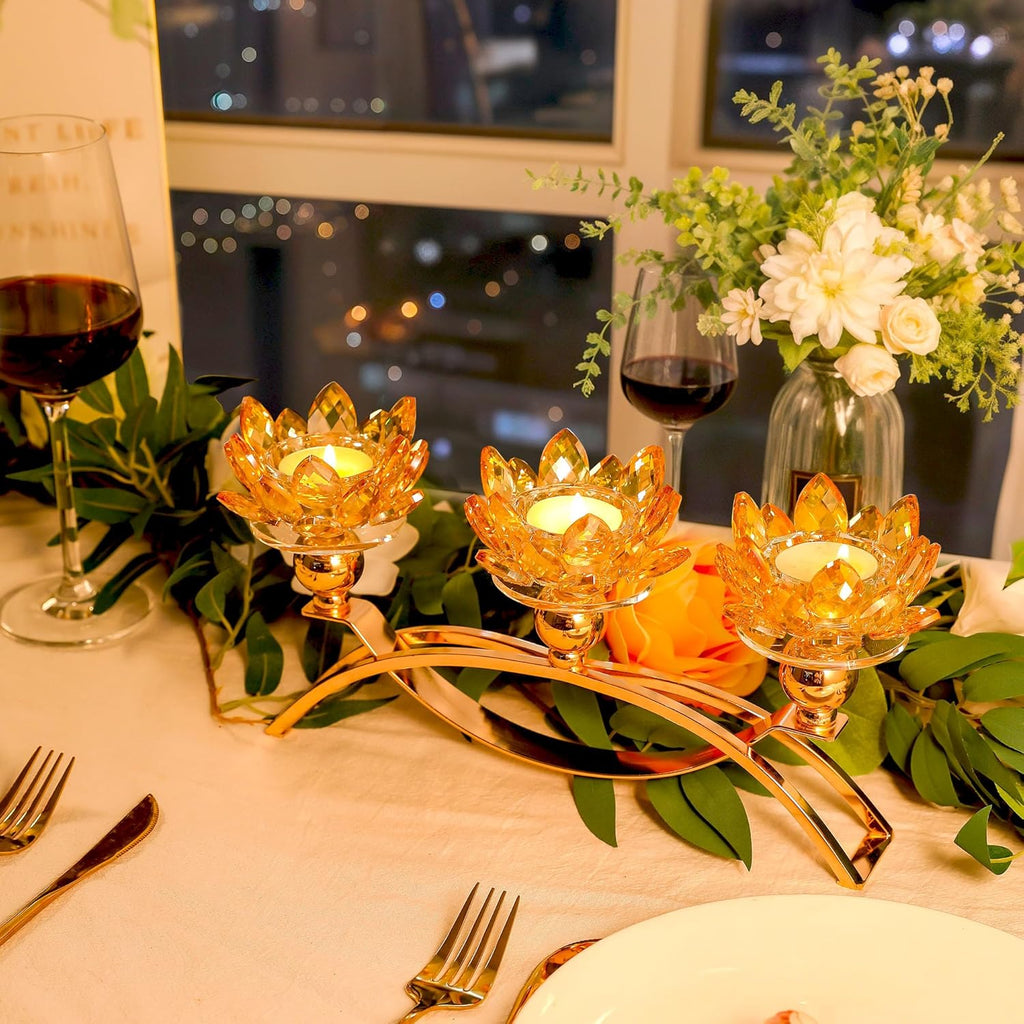 Crystal Candle Holder, 5.6" Tall Gold Centerpieces for Tables, 3-Arm Lotus Candelabra, Home Decor, Coffee Table and