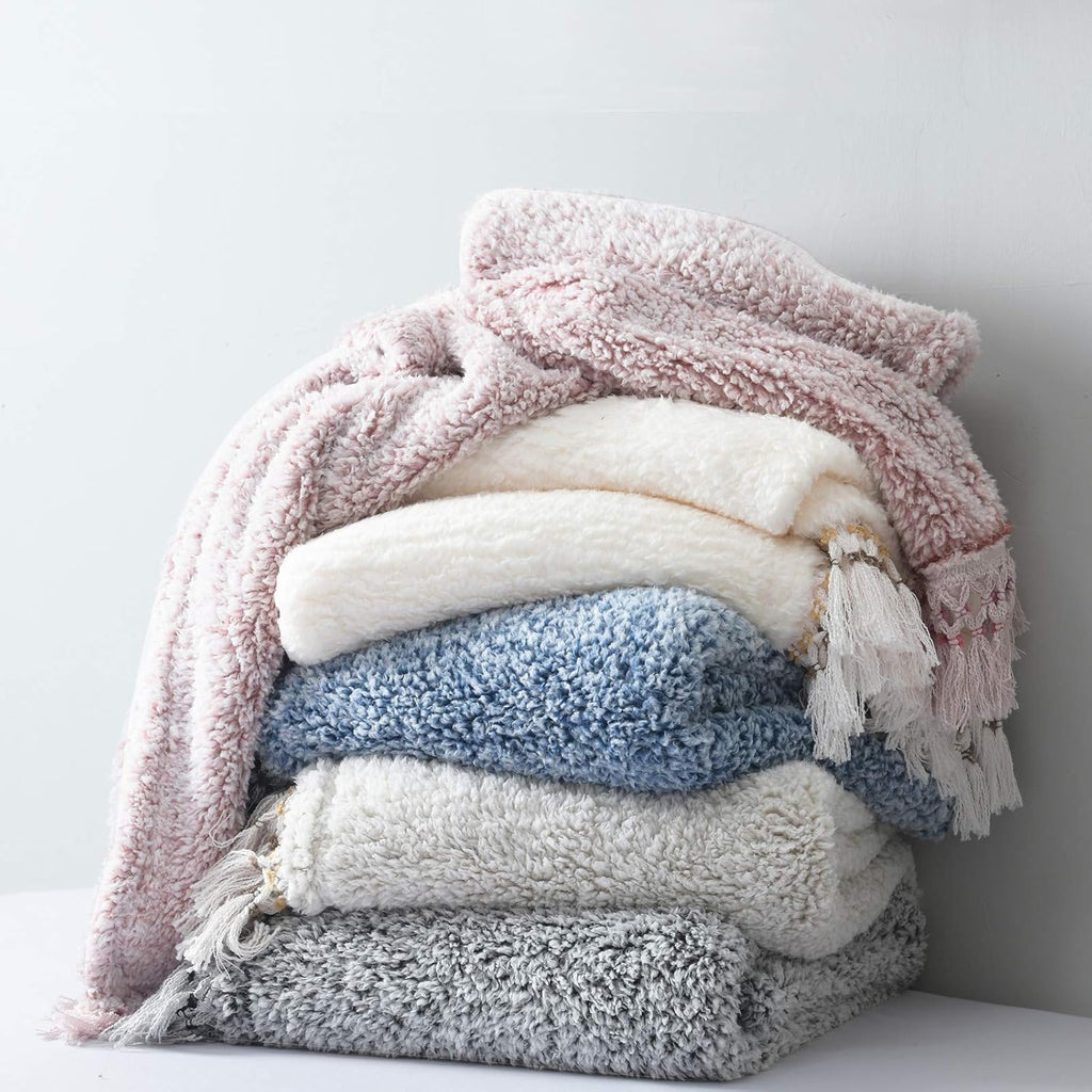 Ultra Soft Cozy Throw Blanket, Light Weight Warm Decorative Throw Blanket with Tassel, Solid Antique White Pattern