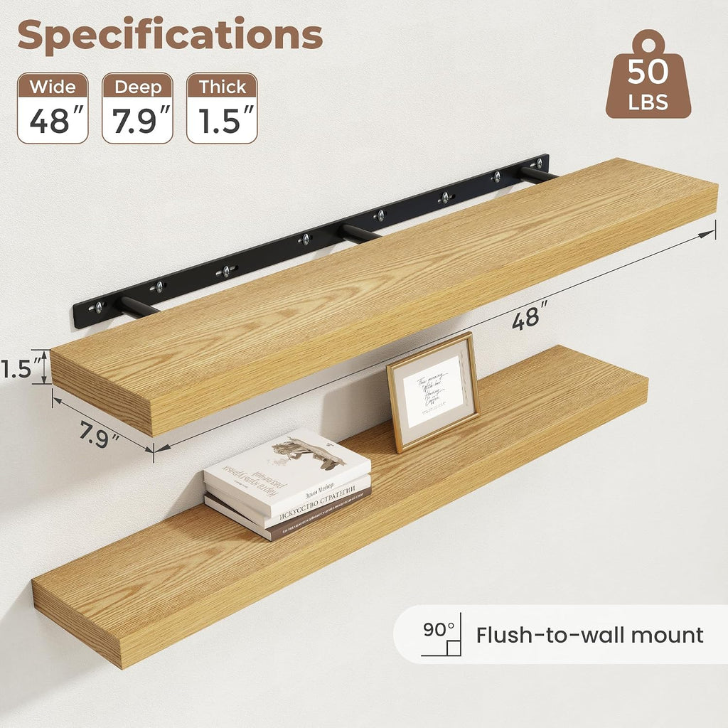 48 inchs Floating Shelves for Wall Mounted Set of 2,Rustic Wood Floating Shelf with Invisible Brackets for Small