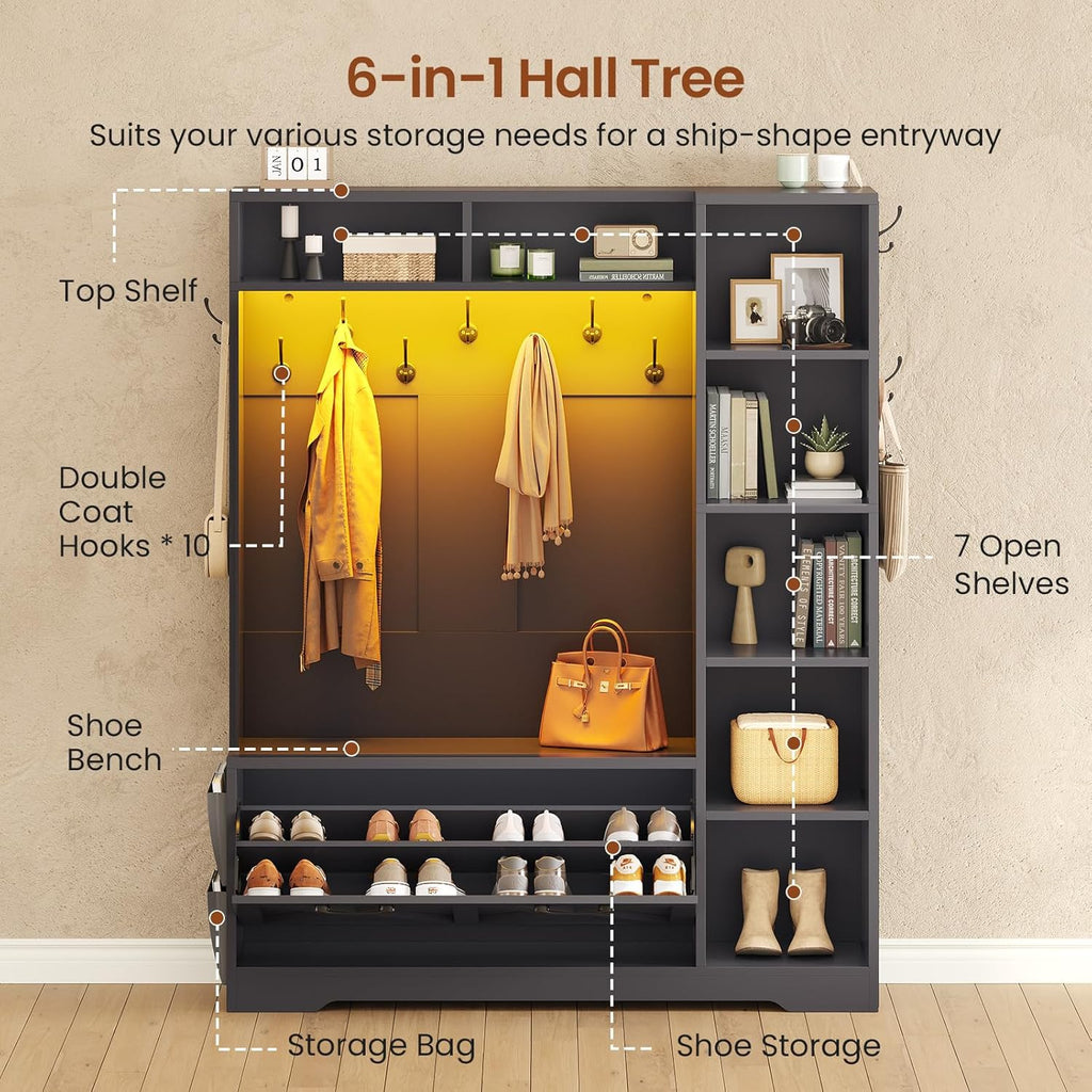 Hall Tree with Bench and Shoe Storage, Farmhouse Entryway Bench with Coat Rack, Shoe Cabinet with Flip Drawers, 7