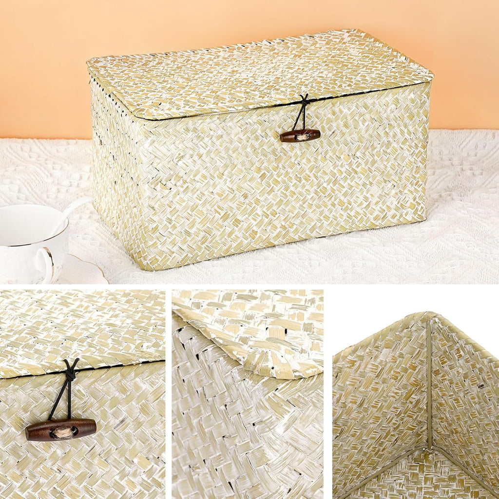 Seagrass Storage Basket Bins with Lid Handwoven Wicker Shelf Baskets | Rectangular Basket Household Organizer Boxes