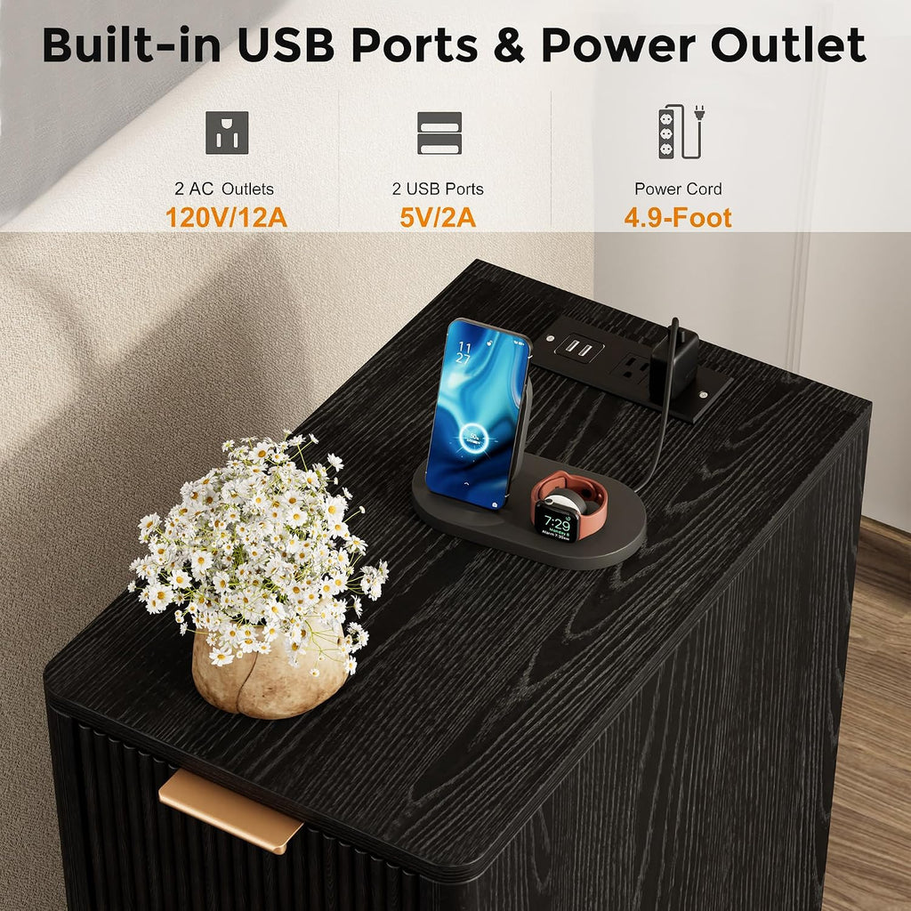 Narrow End Table with Fluted Drawer and Charging Station, Small Nightstand with USB Ports & Outlets, Bedside Table