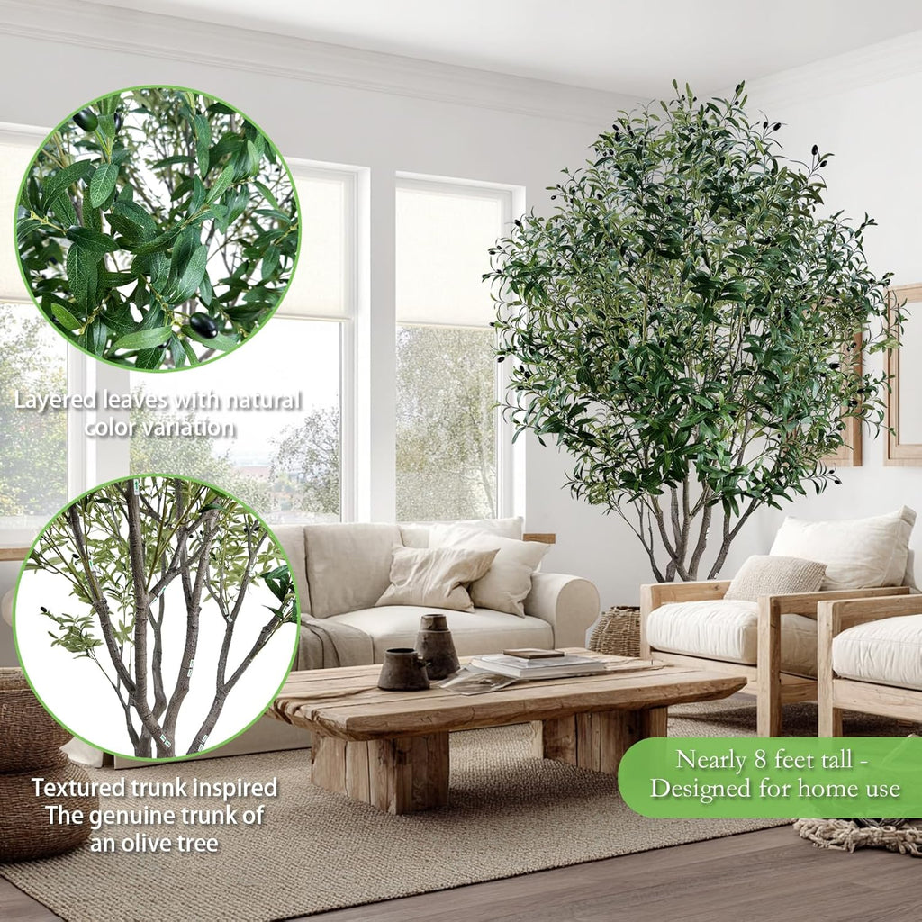 8FT Artificial Olive Tree - Extra Tall Faux Olive Tree with Realistic tree trunk and Realistic Leaves, Large