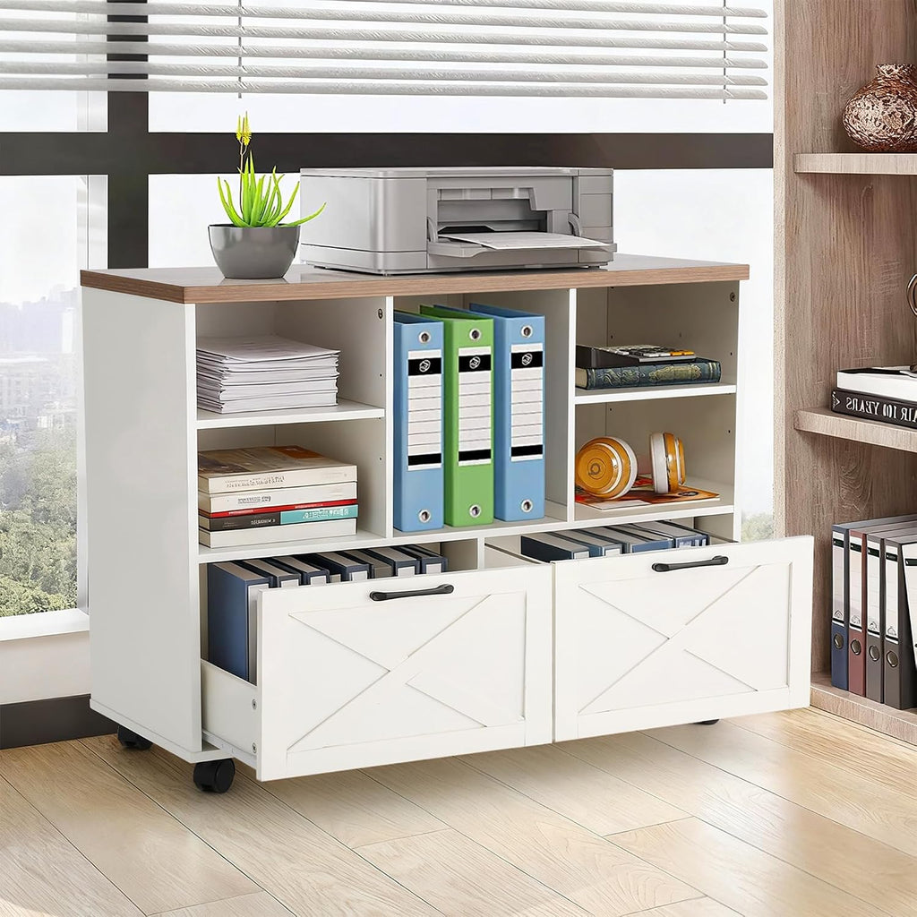 39.3" Lateral File Cabinet with Wheels, Farmhouse Wood File Cabinet with Drawers, Small Home Office File Cabinet with