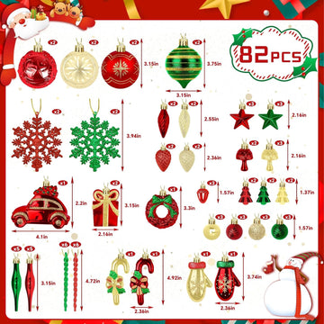 Christmas Balls Ornaments, Xmas Decorations, Green, Red & Gold - Set of 82