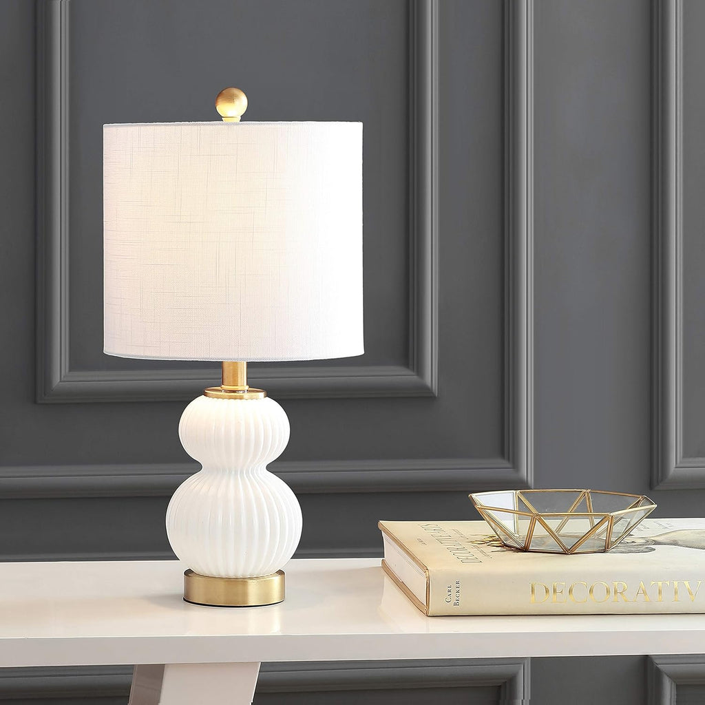 20" White/Brass Gold Ribbed Gourd Glass Table Lamp, Modern Bedside Lamp Living Room, White Linen Drum Shade