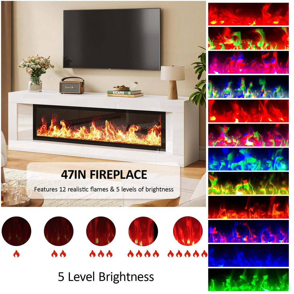 63" High Gloss Fireplace TV Stand, Modern TV Console, White