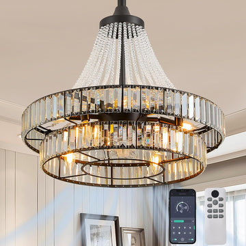 24" Modern Crystal Caged Fandelier, Smart Chandelier Fan with Remote and APP Control