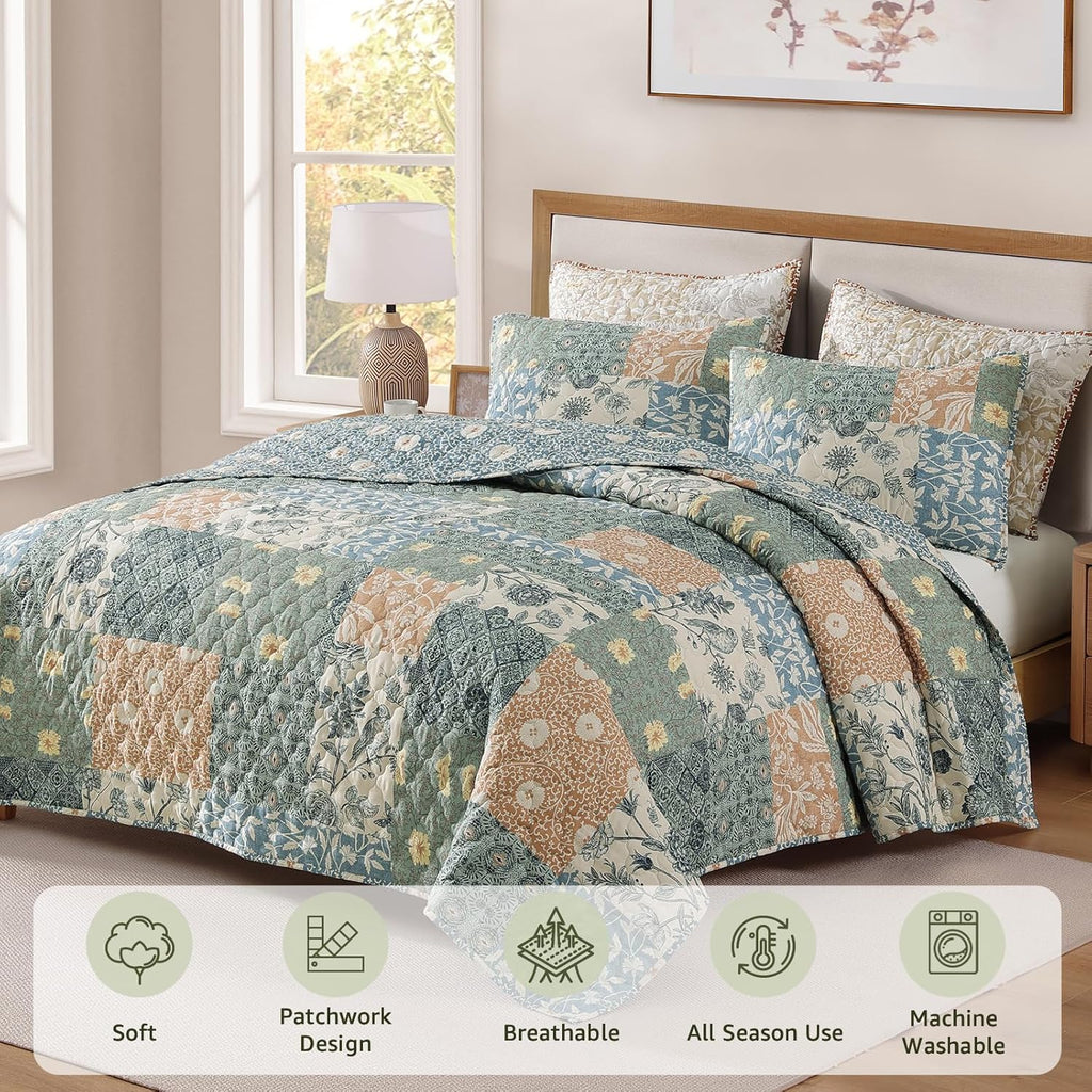 Quilt Set - 3 Pieces Patchwork Green Quilt Bedding Set, Lightweight Bedspread Coverlet, Reversible Floral
