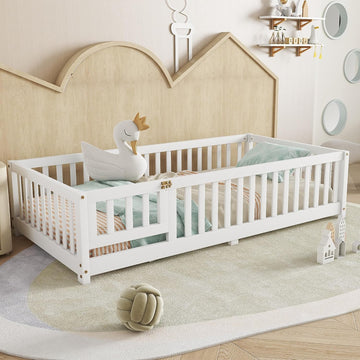 Twin Floor Bed with Slats, Fence and Door, Twin Size Montessori Floor Bed for Kids, Girls, Boys, Easy Assemble