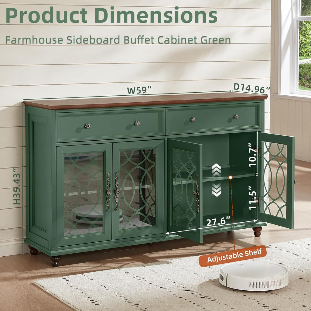 Farmhouse Sideboard Buffet Cabinet with Storage,Adjustable Shelves Console Table,59" Large Credenza with 4 Glass Doors