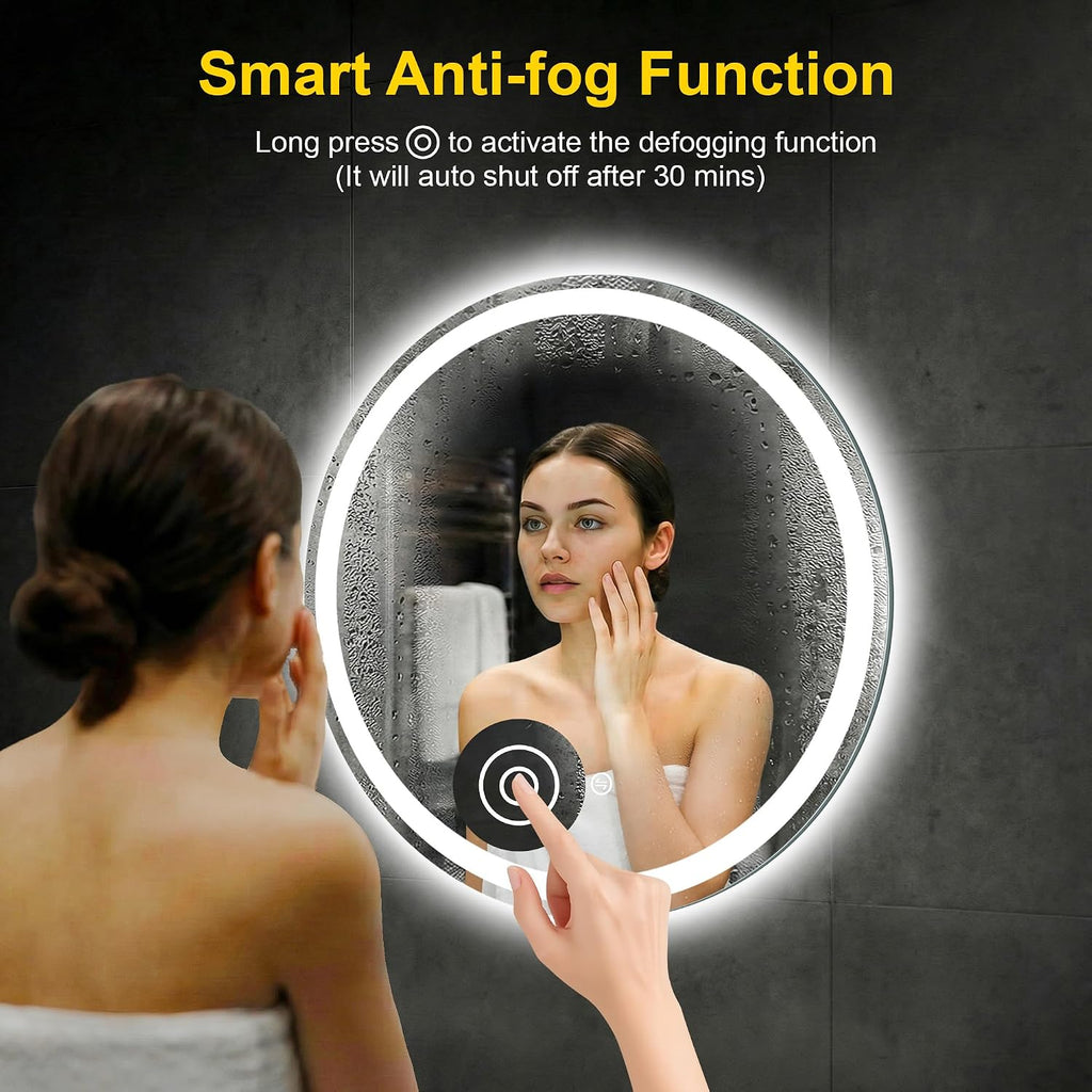 Round LED Bathroom Mirror with Lights, 30 Inch Circle Lighted Vanity Mirror, Anti-Fog, Dimmable 3 Colors