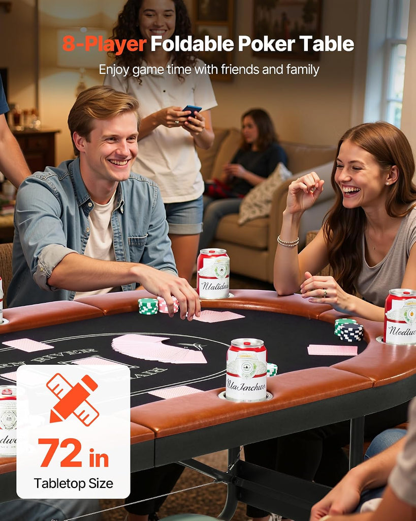 Foldable Poker Table, 8 Player 72 in Folding Casino Leisure Table with Padded Rails and Cup Holders, Oval Portable