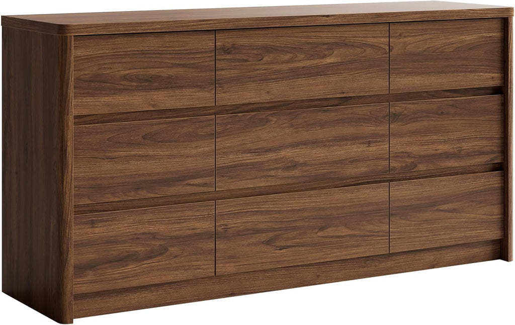 9 Drawer Walnut Dresser , 55" Wide Modern Chest of Drawers with 9 Large Storage Space with Curved Edge Design, Large