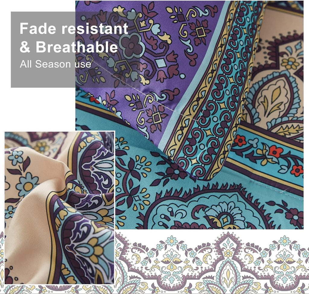 Boho Comforter Set 8 Piece Bed in a Bag Bohemian Striped Bedding Quilt Set Aqua Paisley Floral
