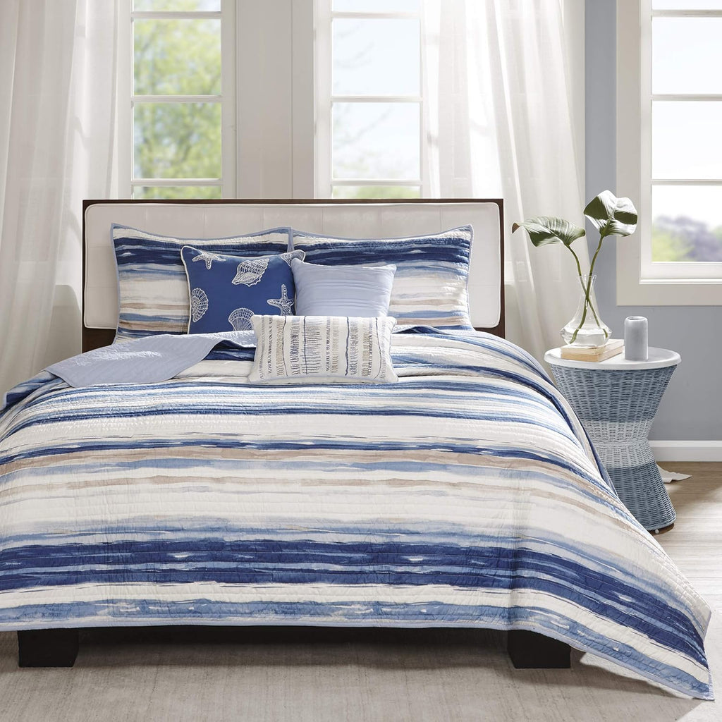 Quilt Set Cottage Coastal Design, 6 Piece Set - All Season, Coverlet Bedspread Lightweight Bedding Layer, Shams, Toss, Full/Queen Size