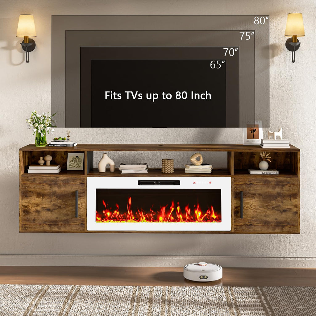 70" Floating with 36" Electric Fireplace, High Gloss Finish Wall Mounted Electric Fireplace with Storage and 16