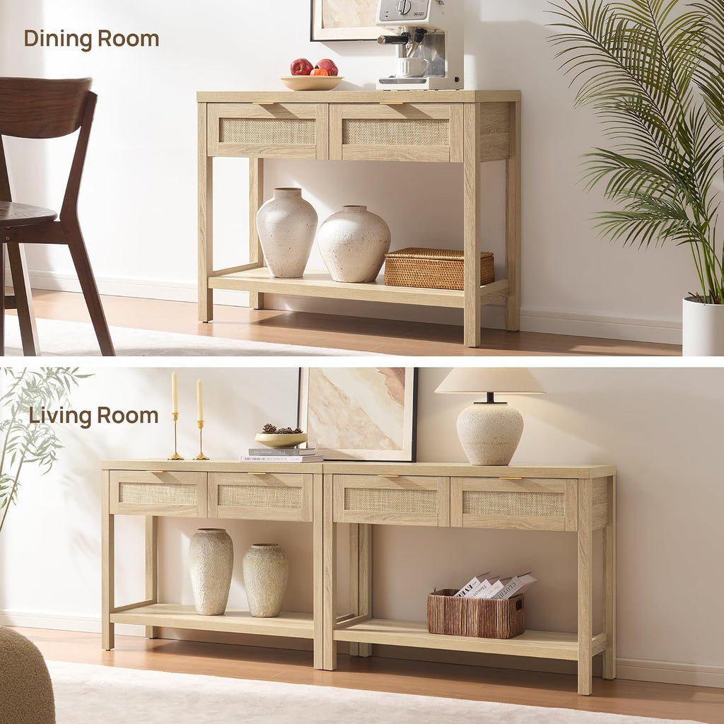 Rattan Console Table - Boho Entryway Table with Storage and Drawers, Small Entry Tables Behind Couch Table Sofa Table