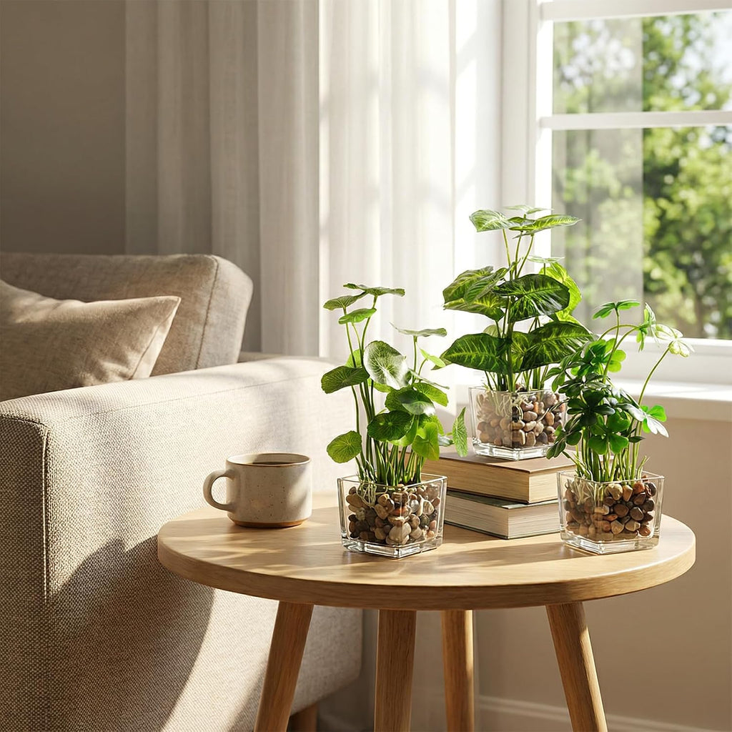 Set of 3 Small Assorted Artificial Plants in Clear Glass Pot | Indoor Faux Plant Potted in Pebbles Decor, Mini