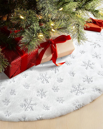 48 Inches Faux Fur Christmas Tree Skirt, Silver Sequin Snowflake