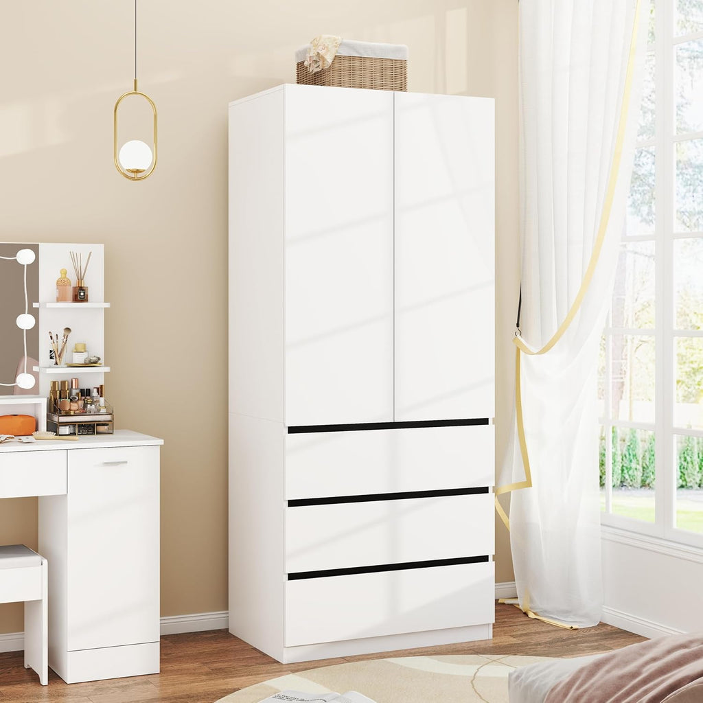Armoire Wardrobe Closet with Drawers:75" Large White Wardrobe Closet Cabinet with 2 Doors for Hanging Clothes, Modern