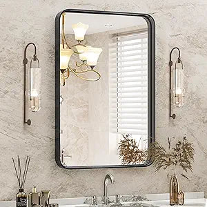 Black Metal Framed Vanity Rounded Rectangle Bathroom Mirrors for Over Sink Wall, 30X22 Inch Matte Large Mirror, Modern